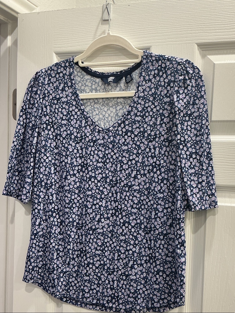 Lands' End Navy and White Floral V-Neck Short Sleeve Top